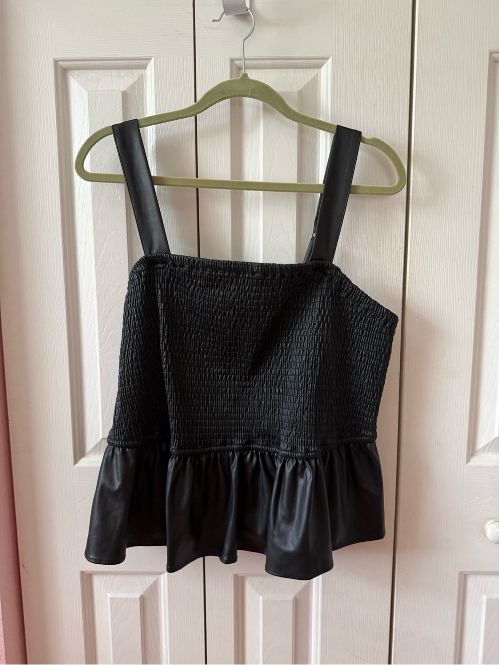 Black Smocked Peplum Tank with Faux-Leather Trim